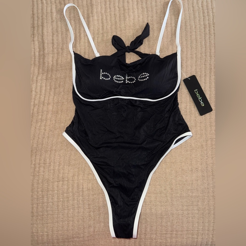 Bebe Black One-Piece Swimsuit with White Trim and Rhinestone Logo